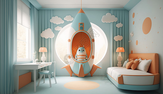 淡蓝色火箭主题儿童卧室图片
