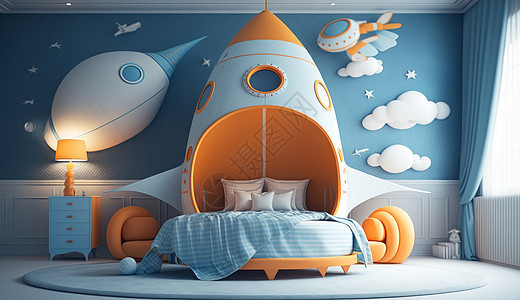 儿童卧室淡蓝色火箭主题背景图片