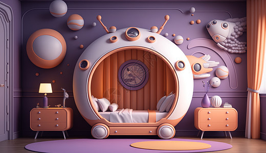 淡紫色太空飞船主题儿童卧室图片