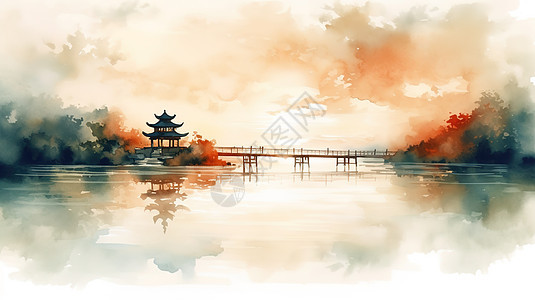 水彩水墨晕染中国风景图片