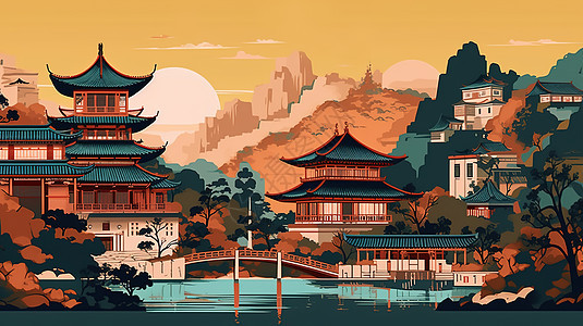 国潮复古中国古建筑城市场景背景图片