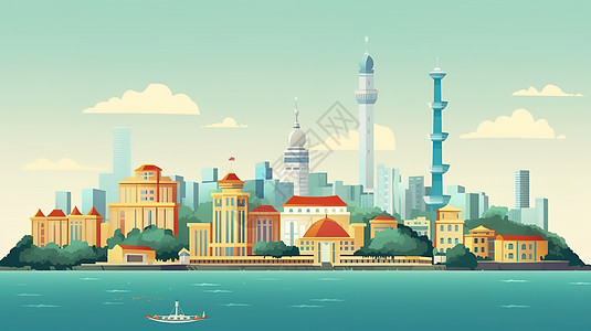 地标复古中国城市景点场景插画