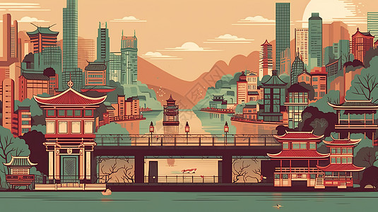 复古中国城市国潮插画图片