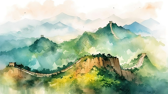 水墨水彩晕染中国绿色长城场景背景图片