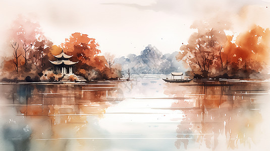 水墨水彩晕染秋天中国景点背景图片