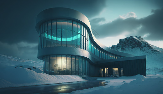 在雪山前的一座超级现代感的建筑图片