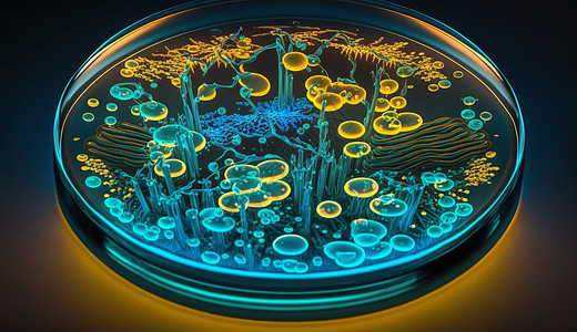透明玻璃培养皿中的蓝绿色细菌图片