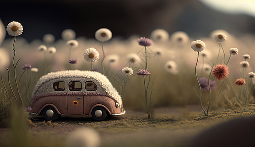 在花丛中可爱的浅粉色羊毛毡汽车背景图片