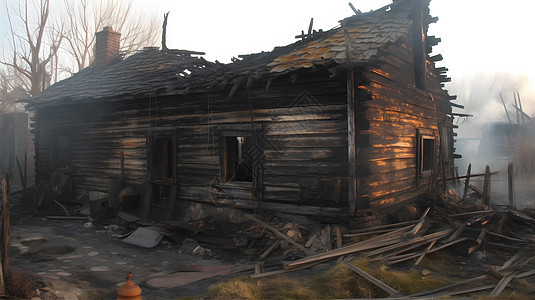被火灾侵蚀的木屋图片