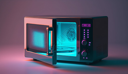 厨房电器打开的霓虹光微波炉插画