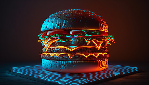 霓虹光下美味的汉堡图片