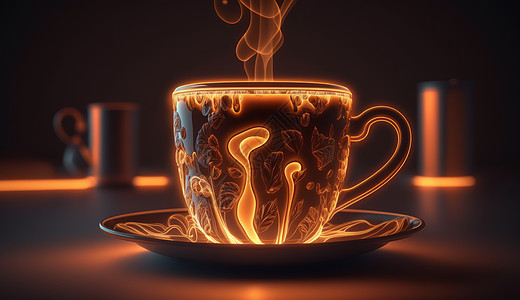 发光的咖啡杯冒着热气图片