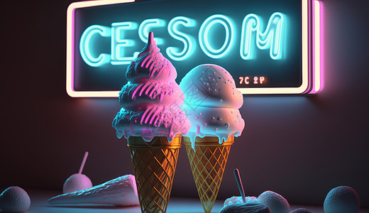 在霓虹光下美味的冰激凌甜筒图片