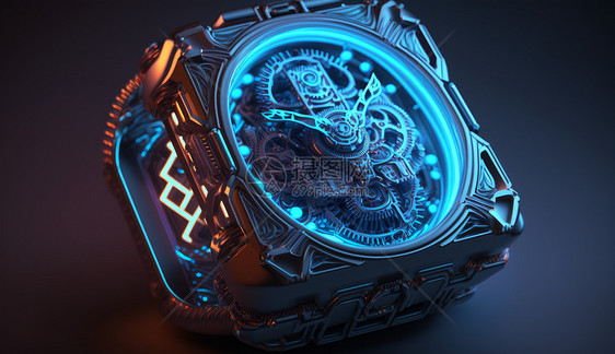 金属质感蓝色霓虹光的机械手表图片