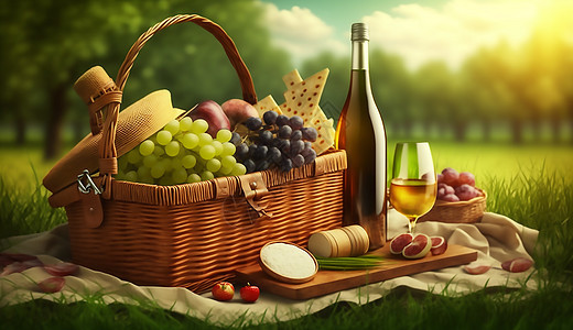 篮子里的水果和葡萄酒图片