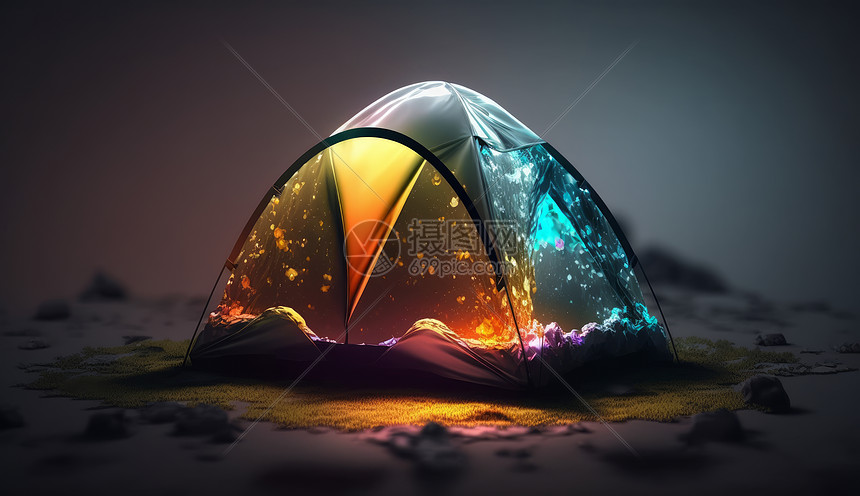 在野外发光的露营帐篷图片