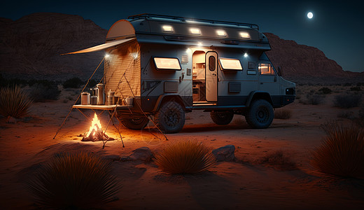 营地灯温馨的野外露营车插画