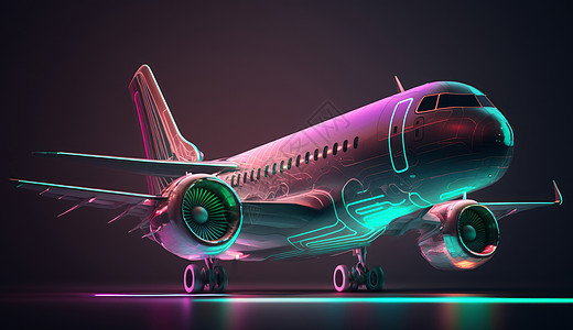 炫酷的霓虹光下的飞机背景图片