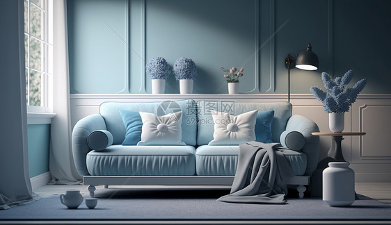 蓝色调客厅的装饰与装修图片
