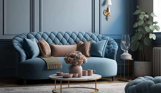 618蓝色调客厅的沙发与茶几插画
