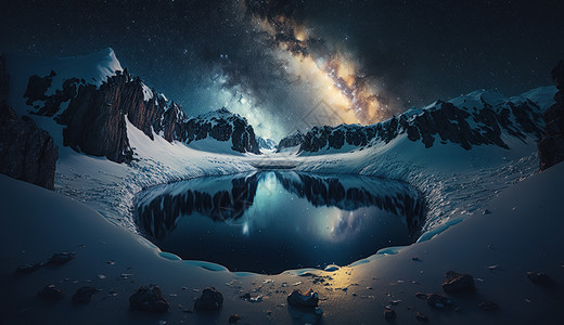 夜晚的星河与地面的湖泊景色图片