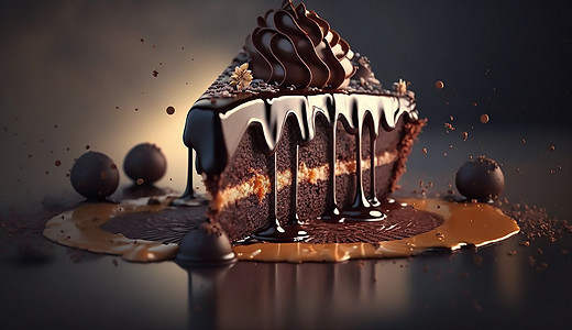 一块蛋糕和融化的巧克力图片