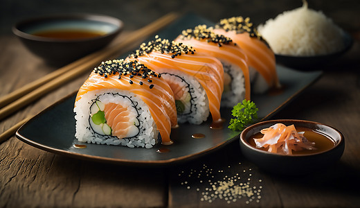 新鲜的三文鱼寿司卷放在精致的盘子上图片