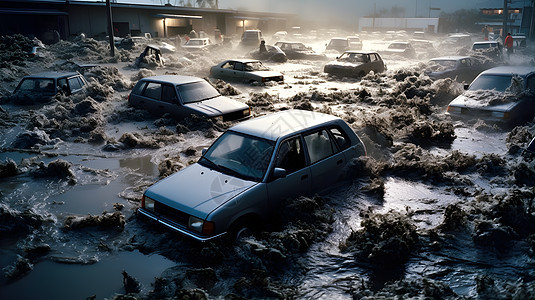 洪涝中的汽车图片