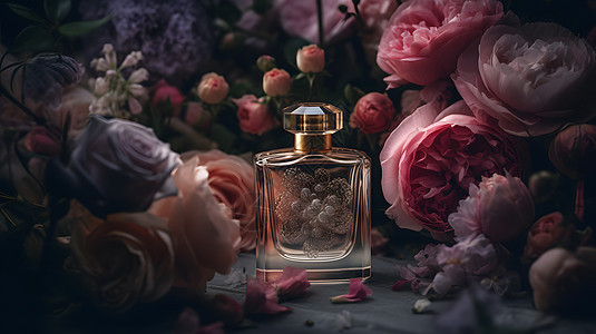 花丛中的魅力香水瓶背景图片