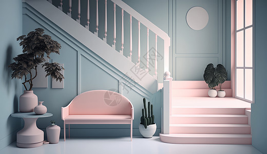 粉色白色台阶客厅楼梯拐角处蓝色调背景