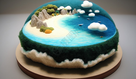 海滩蛋糕可爱的羊毛毡小岛风景插画