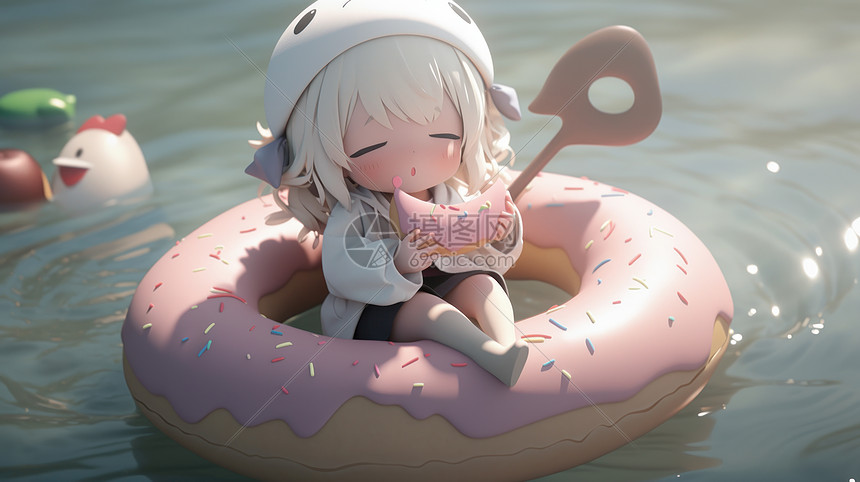 可爱的卡通小女孩坐在甜甜圈上吃东西图片