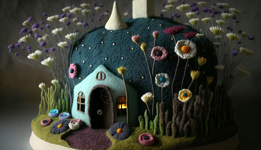 开满小雏菊的羊毛毡质感创意小屋高清图片