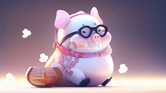 戴着黑框眼镜组坐着的可爱小猪图片