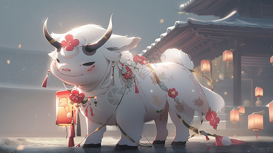 传统动漫风可爱的小白牛背景图片