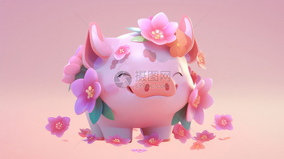 头顶粉色花朵的小粉猪图片