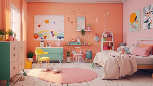 儿童房室内装修清新可爱粉色儿童房背景