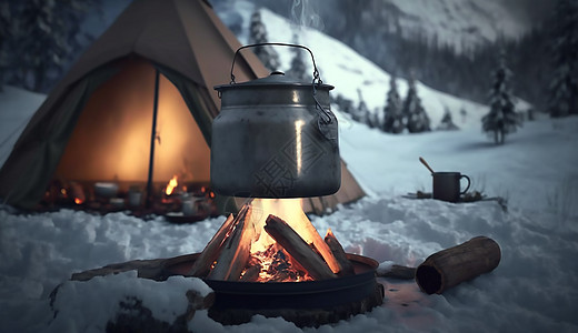 雪地里的帐篷和烧着的水壶图片