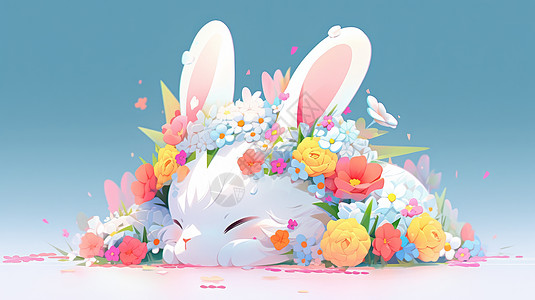 头戴花环趴着睡觉的可爱小白兔图片
