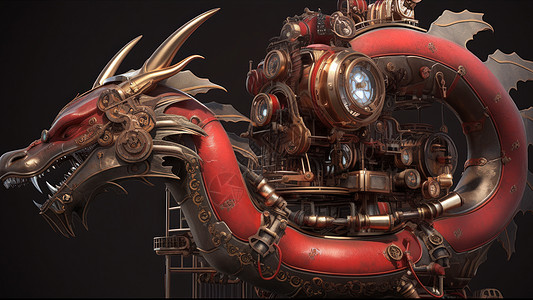高龙蒸汽朋克复古金属质感东方龙数字艺术插画