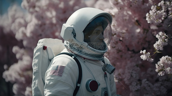 阳光中宇航员看着樱花树图片