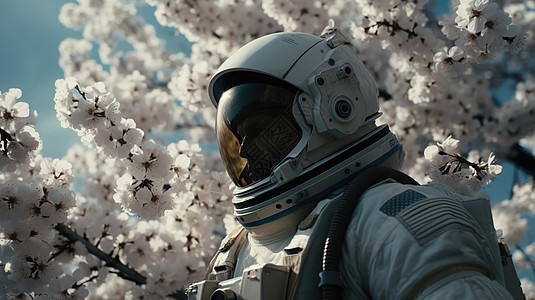 宇航员看白色樱花树图片
