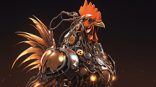 鸡 字机械质感蒸汽朋克大公鸡数字艺术插画