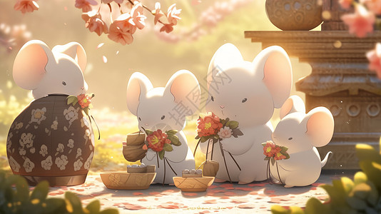 拿着花朵四只可爱的卡通小白鼠图片