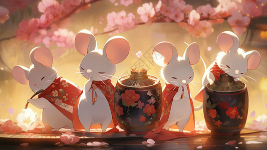 桃花树下四只可爱的小白鼠图片