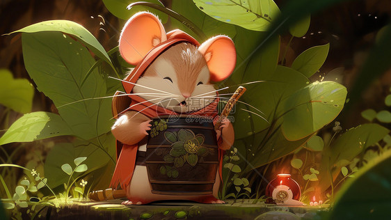 在草丛中的一只忙碌的卡通小老鼠图片
