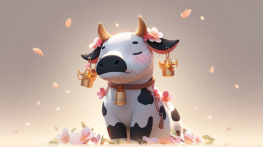 耳朵挂着铃铛可爱的卡通小奶牛图片