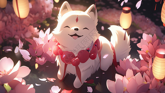 站在花丛中微笑的可爱卡通小白狗图片