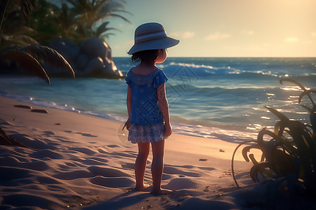 渲染器小女孩在海边玩图片