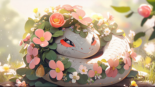 全身布满花朵的可爱的卡通大蛇背景图片